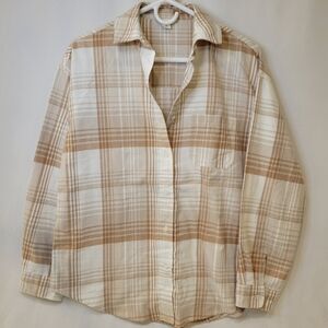 Aeropostale Tan and White Plaid Shirt XS Women's